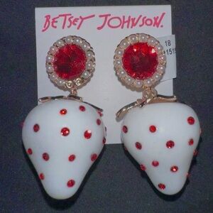 New Betsey Johnson White Strawberries Red Rhinestones Gold ToneDrop Earrings $48